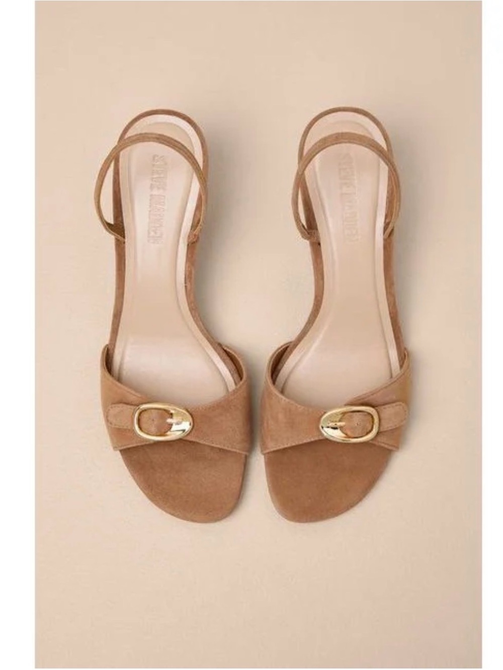 Steve Madden Tan Suede Mid-Heel Sandals with Gold Buckle - Picture 2 of 3
